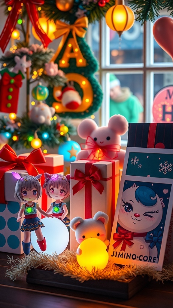 A collection of colorful Juminocore gifts including plush toys, art prints, and fairy lights arranged in a festive setting.